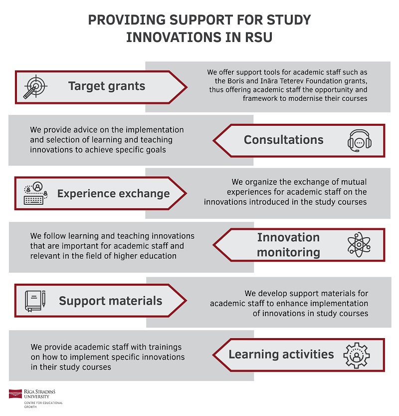 Infographic titled 'Providing Support for Study Innovations in RSU' with six categories of support for academic staff: Target grants, Consultations, Experience exchange, Innovation monitoring, Support materials, and Learning activities. Each category includes a brief description and an icon.